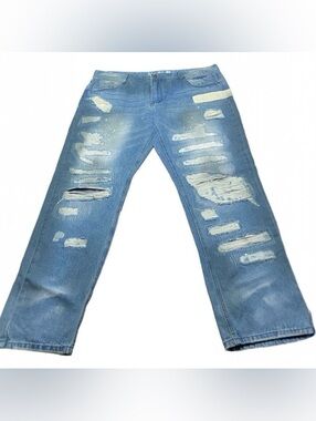 Born Fly Men’s Sz 42 x 34 Med Blue Distressed Splatter Eagle Patch Denim Jeans